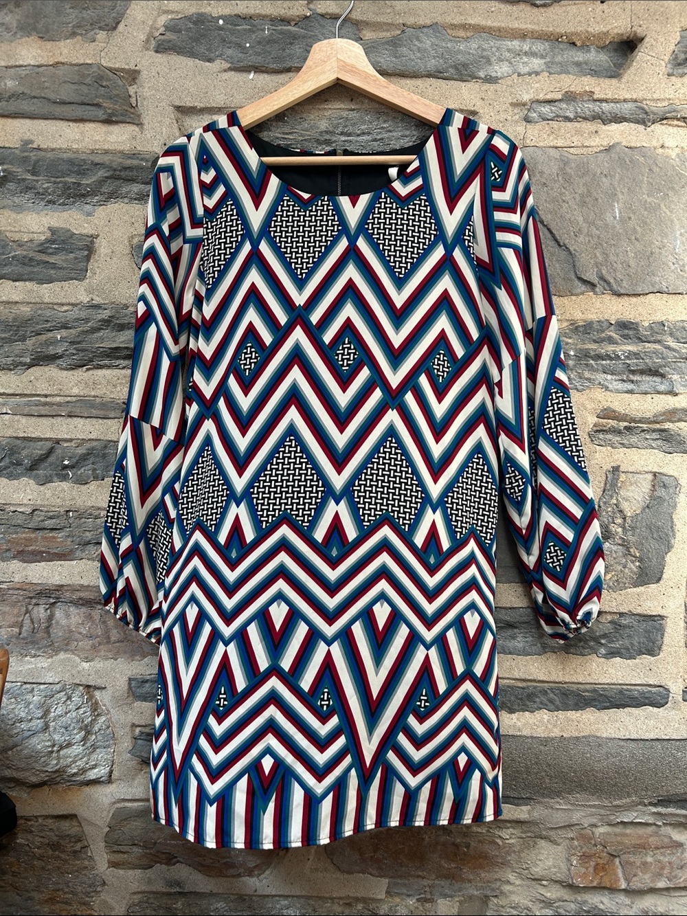 Sage Multicolor Chevron & Geometric Long Sleeve Dress